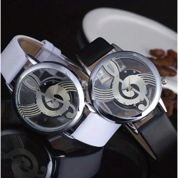 Music Symbol Quartz Watch Transparent Hollow Design White Leather Strap - Picture 3 of 3